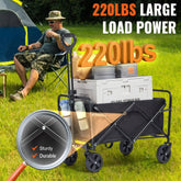 Collapsible Folding Wagon 2 cu ft Beach Cart with All Terrain 5 in Wheels Heavy Duty 220 lbs Capacity with Drink Holders for Camping Shopping and Garden